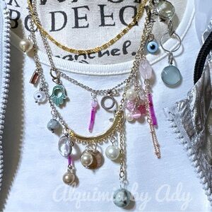 Chunky layered necklace multi charms pink quartz pearls opal maximalism